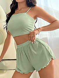 Kadın Yeşil Dantel Detaylı Şortlu Gecelik Pijama Takımı 5024