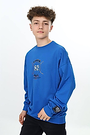 Mavi Renk Baskılı İki İp Sweatshirt Pamuklu / Şardonsuz Renkli Baskı Ribanalı