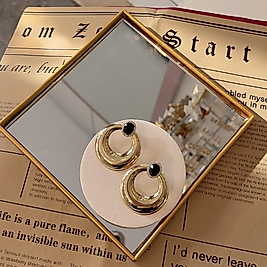 Siyah Taşlı Gold Yuvarlak Küpe