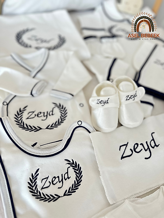 Asel Bebeek 10'lu Yenidoğan Set - Bebeğinizin İsmi ve Çelenk Nakışlı