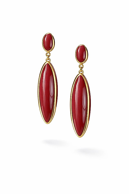 Bordo Taşlı Uzun Gold Renk Küpe