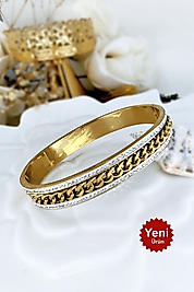 Yeni Sezon Zincirli Zirkon Taşlı Düz Model Gold Renk Çelik Kelepçe Bileklik (17 cm)