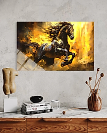 Alevler İçinde Koşan At Cam Tablo