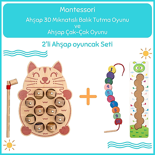 Montessori 3 Boyutlu Ahşap  Balık Tutma Oyunu + Montessori Ahşap Tırtıl İpe Dizme Oyunu