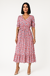 Çiçek Desenli  Yırtmaçlı Elbise - PEMBE