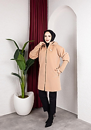 Tay Tüyü Angora triko Kol detaylı kaban Bej renk