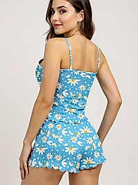 Papatya Baskılı Mavi Askılı Şortlu Pijama Takımı