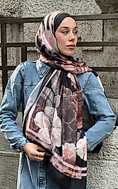 Siyah-Pudra Gül Desen Bambu Şal