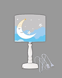 Minibabyrooms Mavi Ay ve Yıldızlar Desenli Ahşap Oyma Ayak Abajur