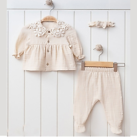Kız Bebek Saç Bantlı Müslin Alt Üst Takım