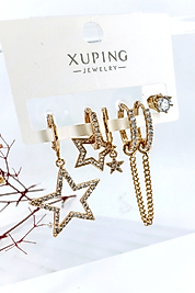 Xuping Vip Seri Yıldız Model Zirkon Taşlı Gold Renk 6'lı Çelik Küpe Seti (4 cm)