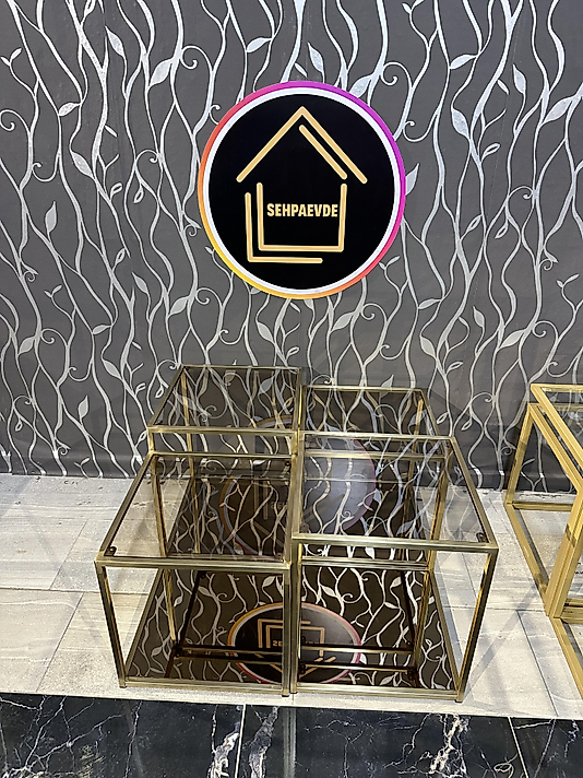 ESKİTME KAPLAMA PRAMİD ORTA SEHPA ÜST BRONZ CAM ALT BRONZ AYNA