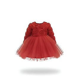 Üç Boyutlu Gül Detaylı Tütü Kız Çocuk kırmızı Özel Gün Elbisesi