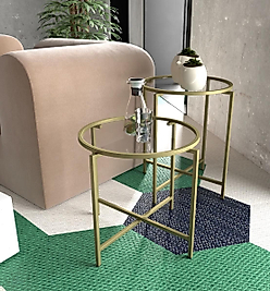 MAT GOLD YUVARLAK 2 Lİ YAN SEHPA ŞEFFAF CAM