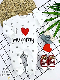 3-6-9-12 Ay Gümüş Yıldız I Love Mummy Baskılı Uzun Kollu Kız Erkek Bebek Tulumu Beyaz