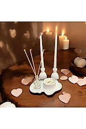 Dekoratif Tepsi 7 Li Set Çizgili Vanilya Kokulu, Ahşap Fitilli Mum, Şamdan Mum Ve Mumluk, Oda Kokusu