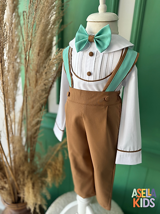 Erkek Çocuk Kahverengi Salopet Takım - Su Yeşili Detaylı