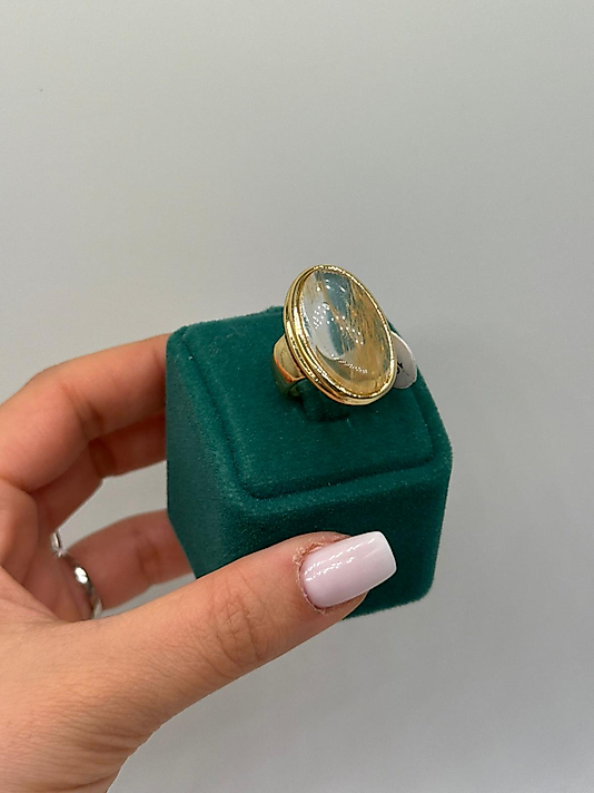 Vintage Cam Detaylı Oval Yüzük