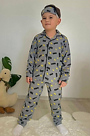 Batman Desenli 3’lü Çocuk Pijama Takımı – Üst + Alt + Uyku Bandı – Gri