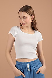 Kaşkorse Kumaş Kare Yaka Kısa Kol Kadın Crop