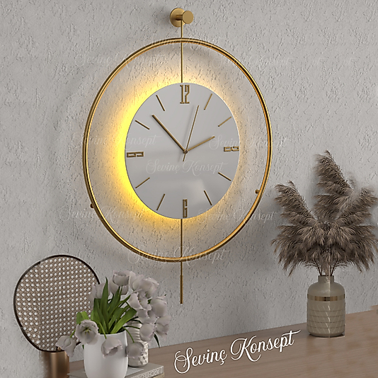 LED'li GOLD Tiktok (Orta Boy 40x60 cm) Nano ABS Kırılmaz Göbek, Modern Dekoratif Sarkaçlı Metal Duvar Saati