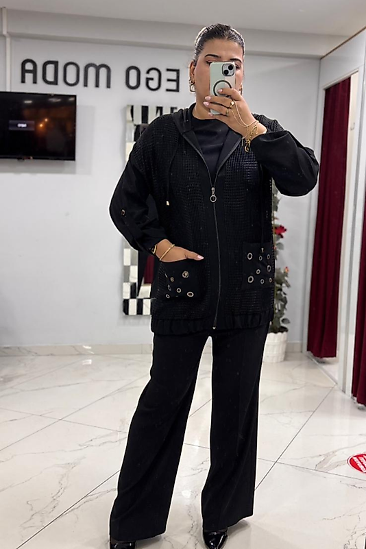 İtalyan Kesim Siyah Kapüşonlu Detaylı Takım