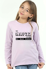 Kız Çocuk Uzun Kollu Bisiklet Yaka "Bir Hafız Yetişir, Bir Nesil Yetişir" Baskılı Tişört Mevsimlik Pamuklu