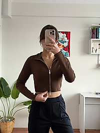 Oysho çift fermuarlı hırka (kahverengi)