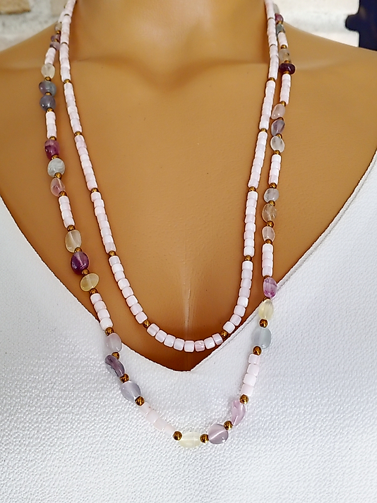 SEDEF VE AMETİST İKİLİ UZUN KOLYE