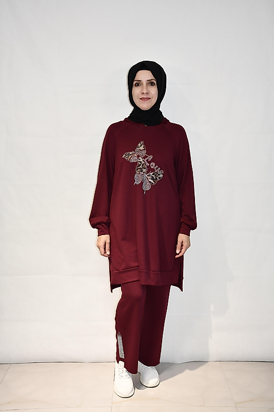Kelebek Taş İşlemeli Bordo Eşofman Takım