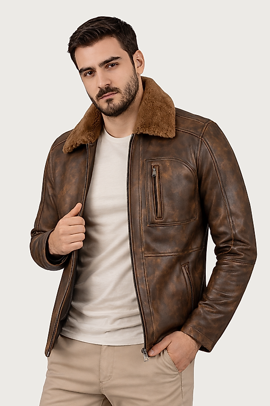 Carlos Hakiki  Deri Erkek Seyyar Kürk Yaka Mont