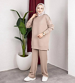 OMUZU TAŞ FERMUAR DETAYLI CAMEL TAKIM