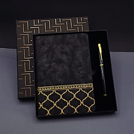 Gold Desen Siyah Deri Defter Kalem Set