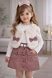 deri etekli peluş ceketli üçlü takım