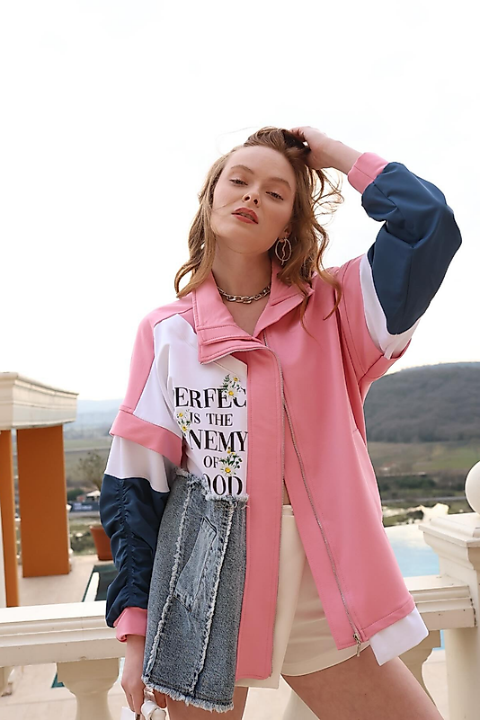 Sweat Detaylı Yazı Baskılı Kot Mont -Pembe