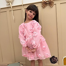 Üç Boyutlu Gül Desen Kabartmalı Organize Tül Arkası Fiyonk Model Kız Çocuk Elbisesi