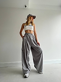Paraşüt Kumaş Beli Lastikli Relax Pantalon Gri