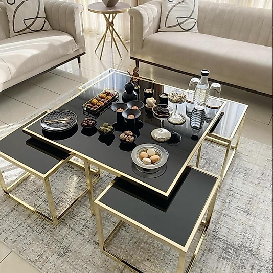 PARLAK GOLD KARE 4+1 PİZZA ORTA SEHPA KOMPLE SİYAH AYNA