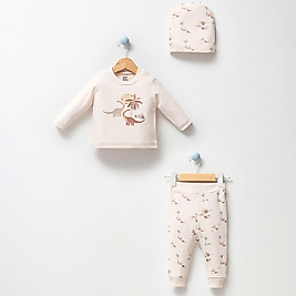 Erkek Bebek 0-12 Ay Dino Desenli Şapkalı İkili Takım