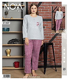 Gri-Pembe Uzun Kollu Yün Viskon Pijama Takımınoya 21207