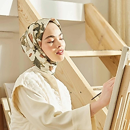 Multi Flower Desen Pamuk İpek Eşarp Haki