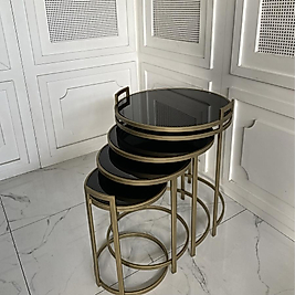 Kulplu Oliva Zigon Sehpa - Eskitme Gold (Siyah Camlı)