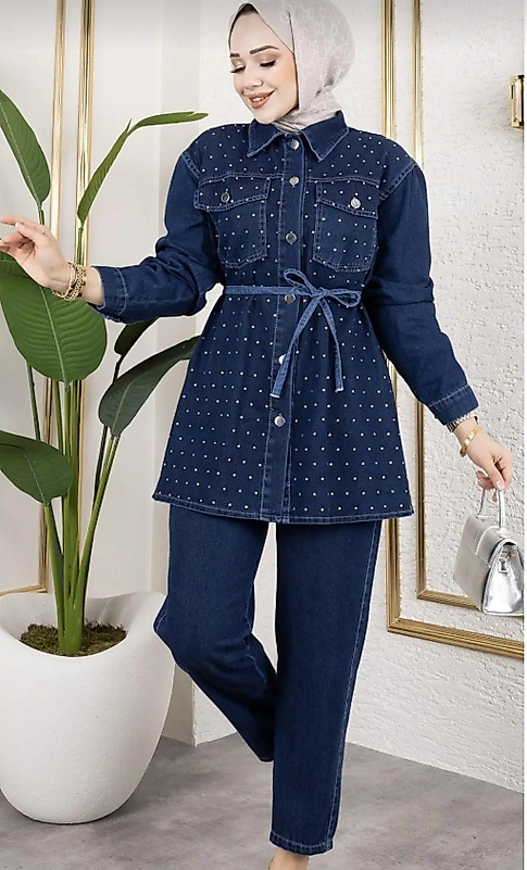 Taşli Kot Takim Koyu Mavi