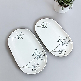 2 Adet Premium Gümüş Çiçekli Porselen Orta Oval Kayık, Sunum