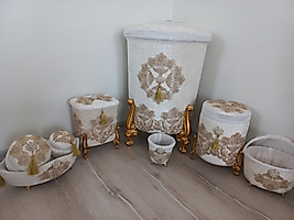 Krem Gold Detaylı 8 Parça Çamaşır Sepeti Takımı