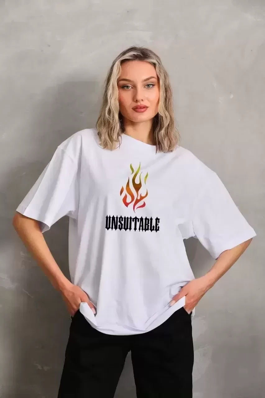 Unisex Bisiklet Yaka Baskılı Oversize T-Shirt - Beyaz