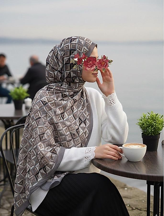 Labirent Desen Pamuk Kraş Şal-Gri