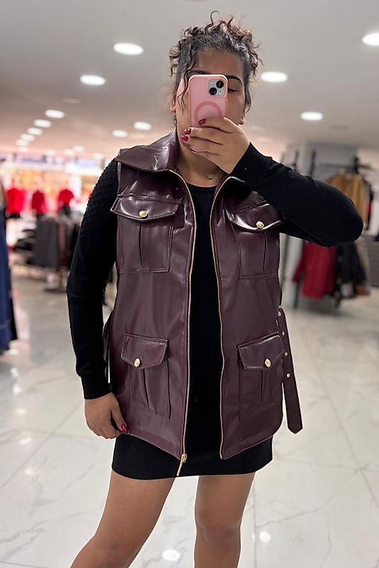 Şık Tasarım Suni Deri Yelek - Bordo