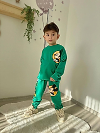 Yeşil Renk Mickey Mouse Baskılı Erkek Çoçuk İkili Eşofman Takımı /İki İp Baskılı Pamuklu Kollar ve Ayaklar Ribanalı