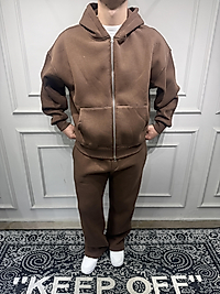 Fermuarlı Baggy Basic Eşofman Takım - Kahverengi